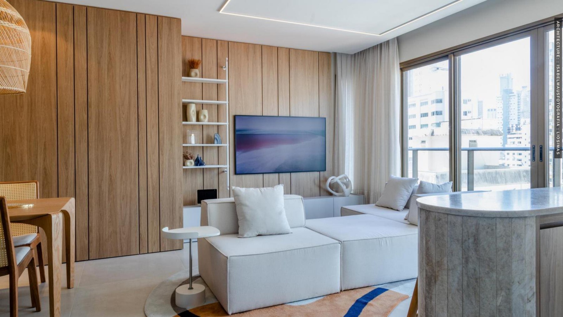 Living room design inspiration with wood cabinetry and an integrated media wall